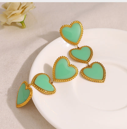 Retro Green Enamel Heart Tassel Drop Earrings – Long Stainless Steel Statement Earrings | WANTI Jewelry