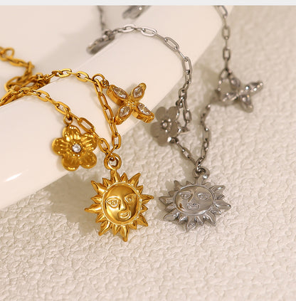 18K Gold Plated Titanium Steel Sunflower, Bow, Heart, and Four-Leaf Clover Layered Bracelet | Fashion Jewelry
