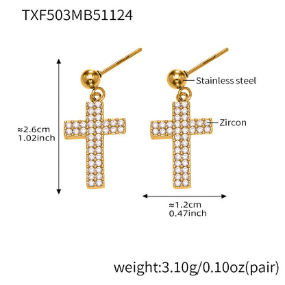 Gold Stainless Steel Cross Zirconia Necklace, Bracelet, Earrings & Ring | Minimalist Cross Jewelry Set