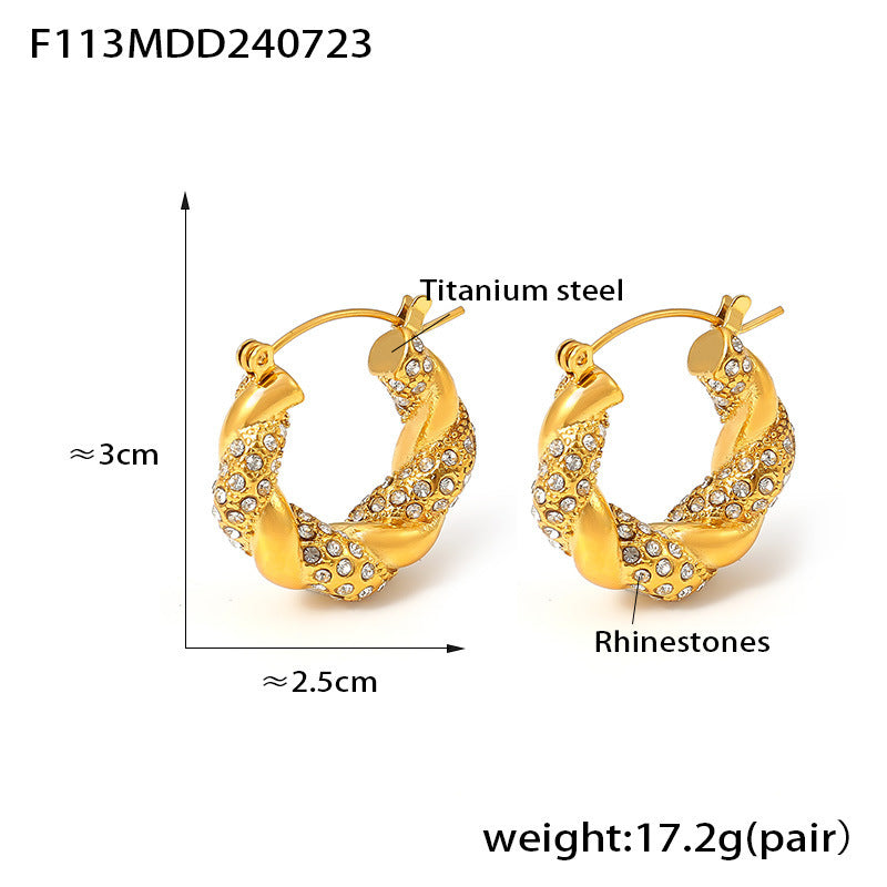U-Shaped Stainless Steel Twisted Rhinestone Hoop Earrings | Modern Elegant Fashion Jewelry