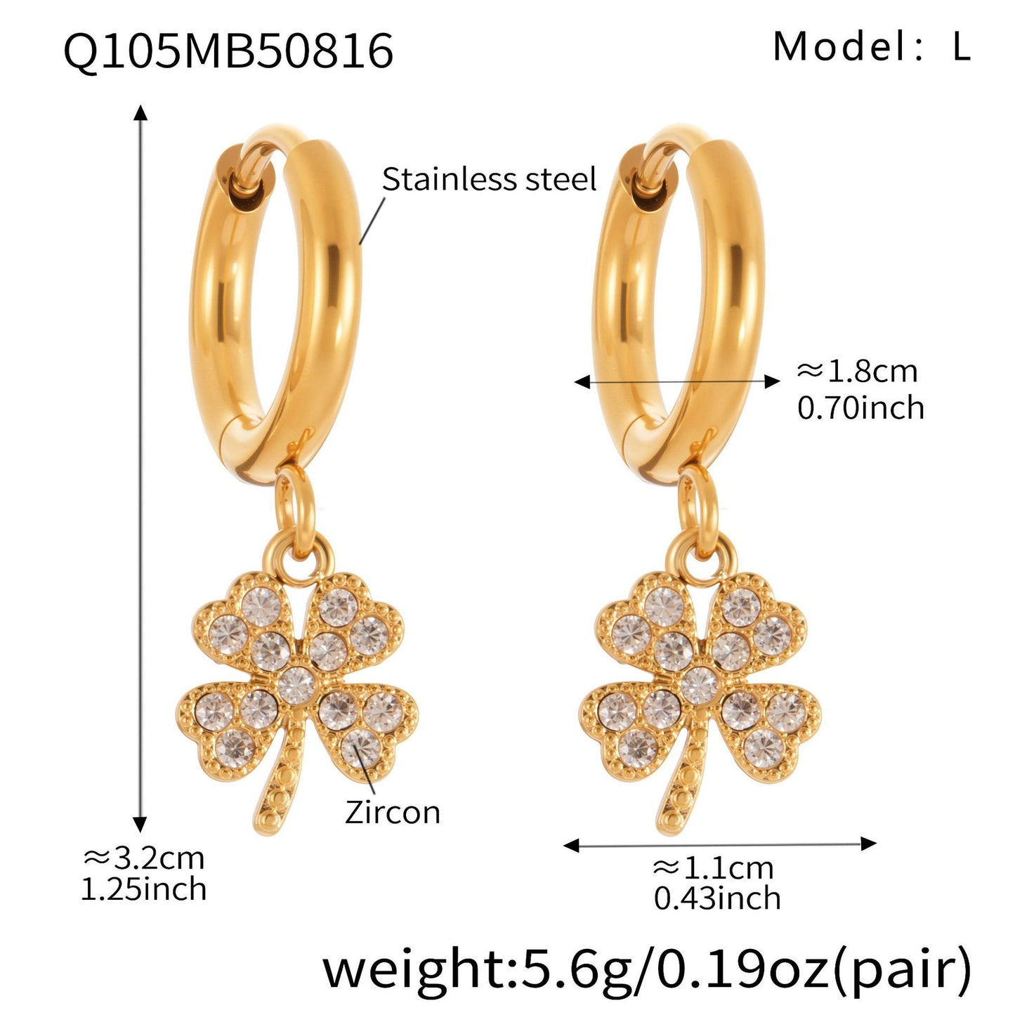 Stainless Steel Zircon Clover Dangle Earrings Set – U-Shaped Hoop Layering Earrings | Lucky Four-Leaf Clover Jewelry Gift for Women