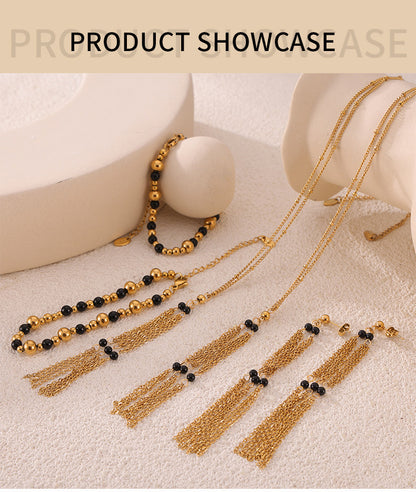 Vintage Black Onyx Tassel Jewelry Set – Stainless Steel Necklace & Earrings | Retro Elegant Fashion Jewelry | Hypoallergenic Gift Set