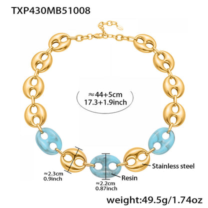 Colorful Resin Pig Nose Pendant Jewelry Set – Stainless Steel Necklace, Bracelet & Earrings | Trendy Chunky Chain Fashion Accessories