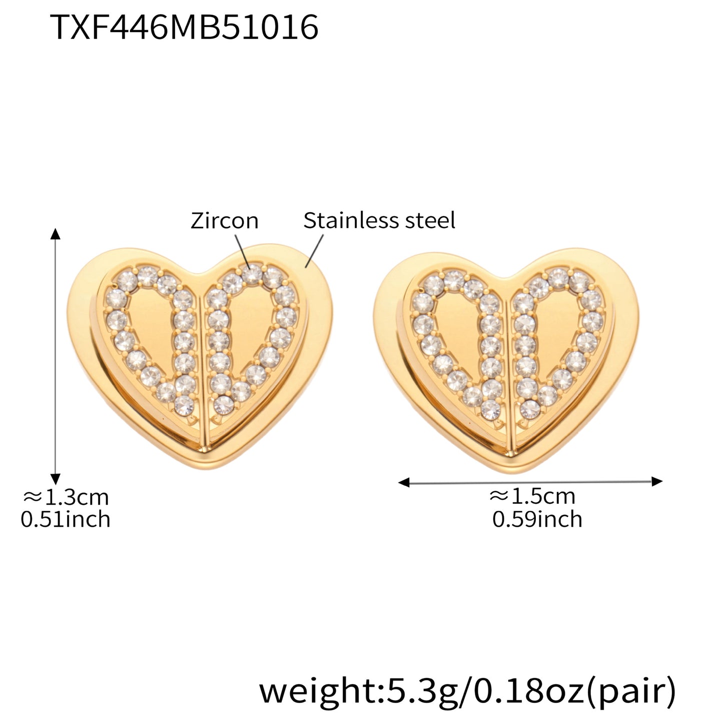 Double Heart Zircon Pendant Necklace, Earrings & Ring Jewelry Set - Gold & Steel Stainless Steel