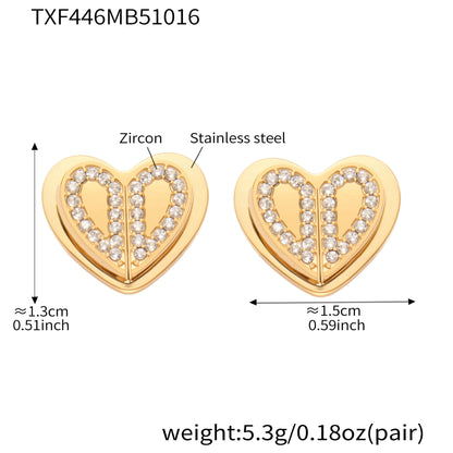 Double Heart Zircon Pendant Necklace, Earrings & Ring Jewelry Set - Gold & Steel Stainless Steel