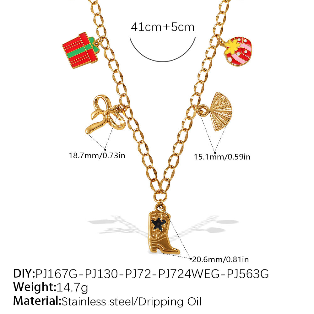 Halloween Christmas Gold Plated Stainless Steel Necklace - Heart Tree Tassel Pendant - Drip Oil Design - Minimalist Fashion Jewelry for Women