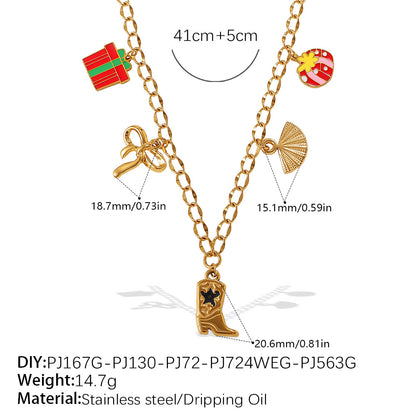 Halloween Christmas Gold Plated Stainless Steel Necklace - Heart Tree Tassel Pendant - Drip Oil Design - Minimalist Fashion Jewelry for Women