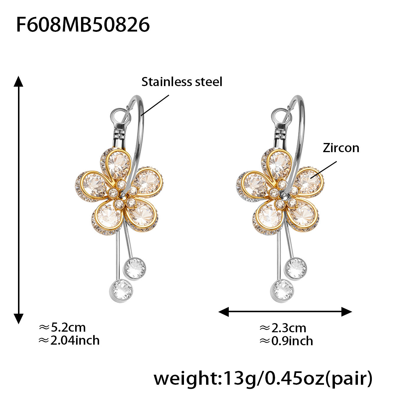 Floral Teardrop Zircon Drop Earrings – Stainless Steel Statement Jewelry for Women