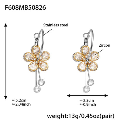 Floral Teardrop Zircon Drop Earrings – Stainless Steel Statement Jewelry for Women