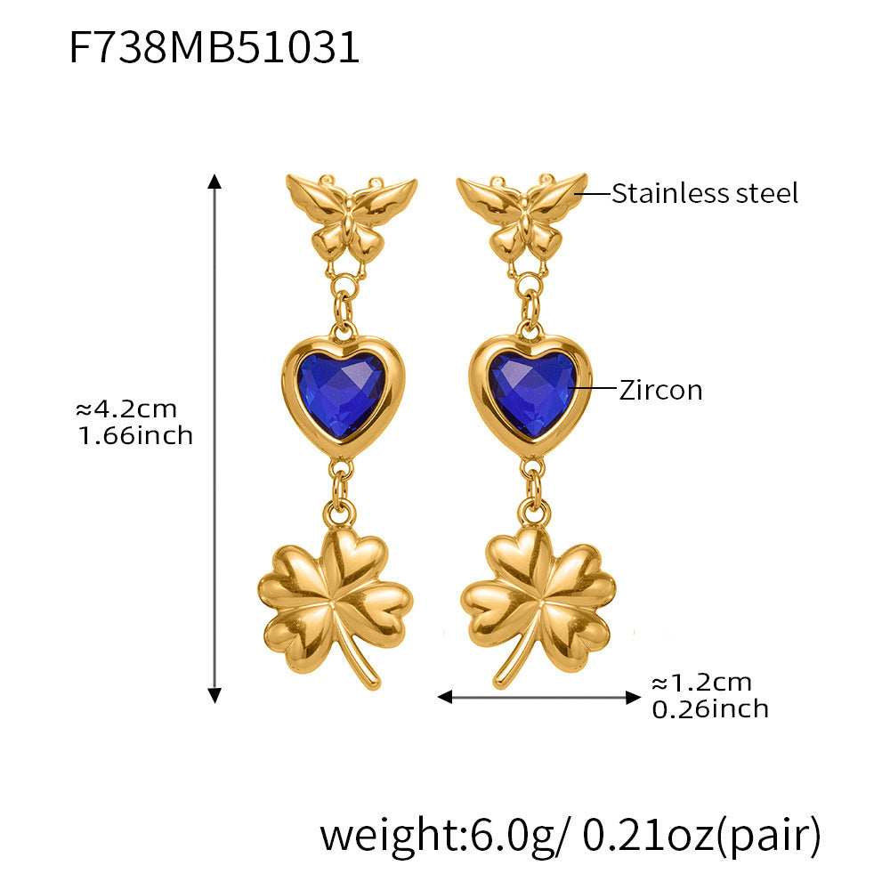 3D Butterfly & Clover Dangle Earrings with Heart Cubic Zirconia | Fashion Drop Earrings Set