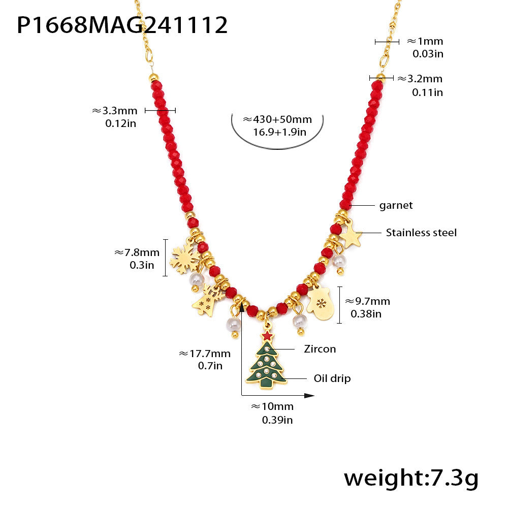 Gold Stainless Steel Christmas Tree Star Snowflake Pendant Necklace | Festive Zircon Holiday Jewelry Gift