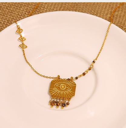 18K Gold Plated Titanium Steel Natural Stone Pendant Necklace (Vintage Style)