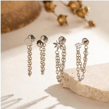 Implant Grade G23 ASTM F136 Titanium Geometric Tassel Chain Ear Stud | Push Pin Flat Back 16G Cartilage Jewelry