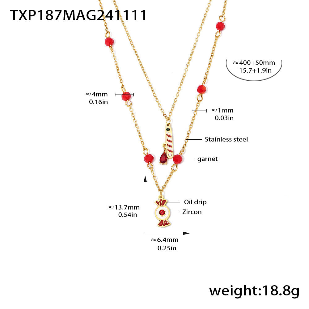 Gold Stainless Steel Christmas Candy Apple Multi-Layer Necklace, Bracelet & Asymmetric Earrings – Holiday Jewelry Gift Set