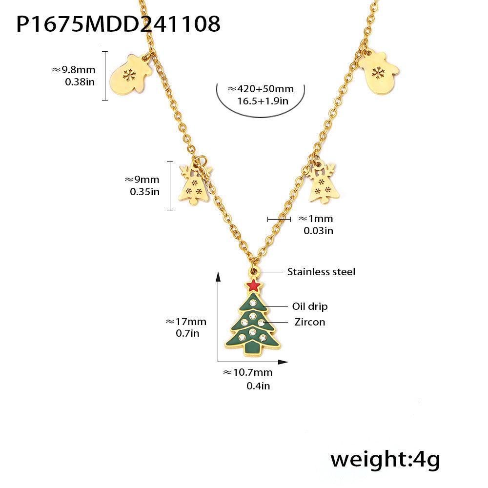 Gold Stainless Steel Christmas Necklace Collection | Reindeer, Tree, Bell, Sock, and Gift Box Oil Drop Zircon Pendants