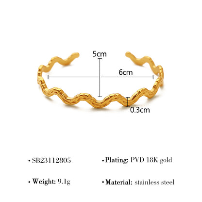 18K Gold Plated Stainless Steel Wave Design Open Bangle Bracelet – Minimalist Adjustable Jewelry for Women