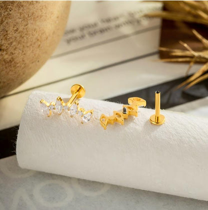 Implant Grade G23 ASTM F136 Titanium CZ Labret Stud | Internal Thread 16G Flat Back Lip & Cartilage Earring