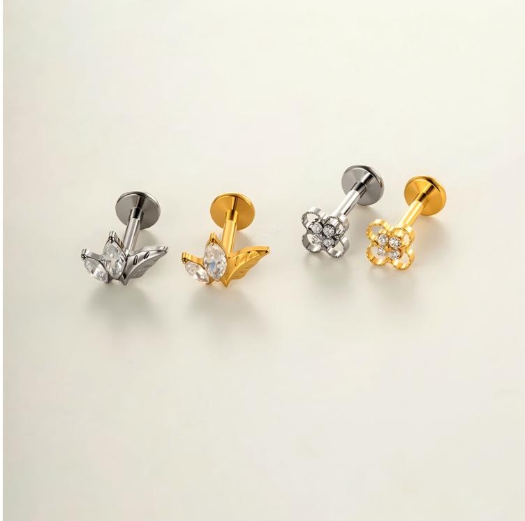 Implant Grade ASTM F136 Titanium Flat Back Stud Earrings Micro Paved CZ Cartilage Helix Tragus Piercing Jewelry Internally Threaded Labret Stud