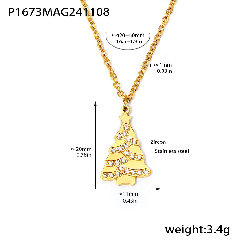 Gold Stainless Steel Christmas Tree Pendant Necklace with Zircon – Elegant Holiday Jewelry Gift