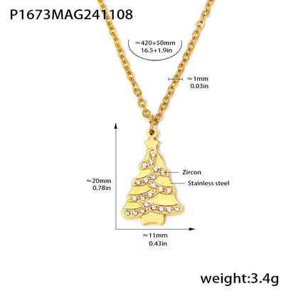 Gold Stainless Steel Christmas Tree Pendant Necklace with Zircon – Elegant Holiday Jewelry Gift