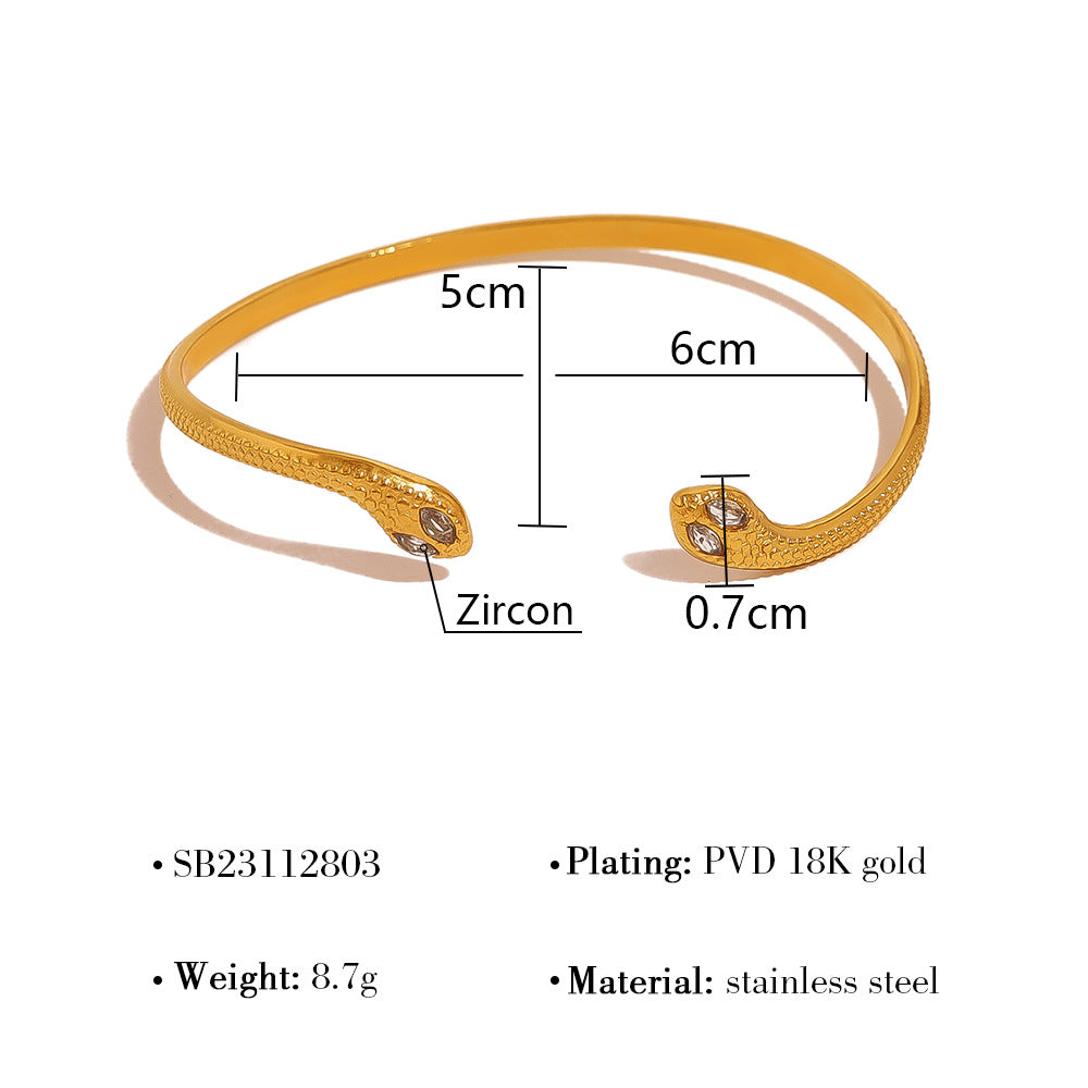 18K Gold-Plated Stainless Steel Zircon Snake Cuff Bracelet | Elegant Serpentine Bangle