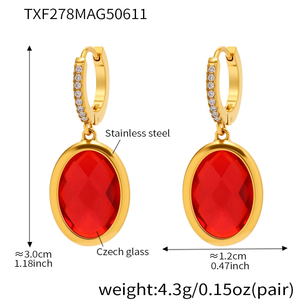 Colorful Oval Glass Stone Stainless Steel Drop Earrings – Elegant Lightweight Statement Jewelry | WANTI Jewelry