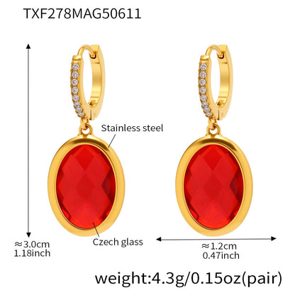 Colorful Oval Glass Stone Stainless Steel Drop Earrings – Elegant Lightweight Statement Jewelry | WANTI Jewelry