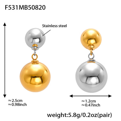 Stainless Steel Two-Tone Ball Drop Earrings – Minimalist Modern Dangle Studs | Fashion Jewelry