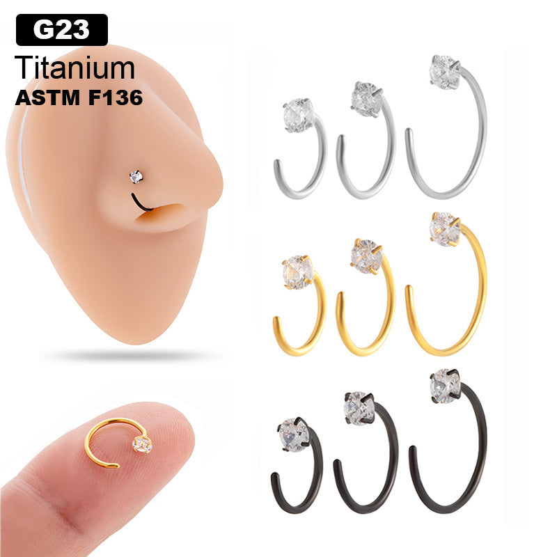 G23/F136 Titanium CZ C-Shaped Hoop Nose Ring Cartilage Earring 0.8mm – 6mm/8mm/10mm