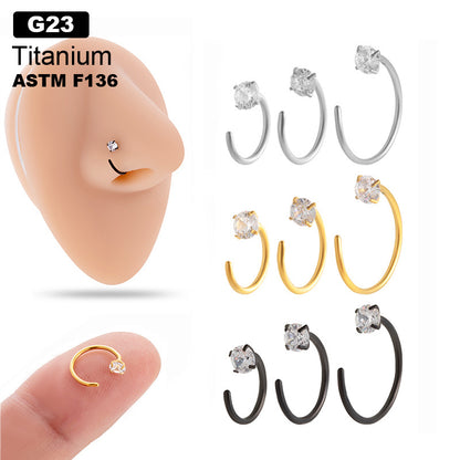 G23/F136 Titanium CZ C-Shaped Hoop Nose Ring Cartilage Earring 0.8mm – 6mm/8mm/10mm