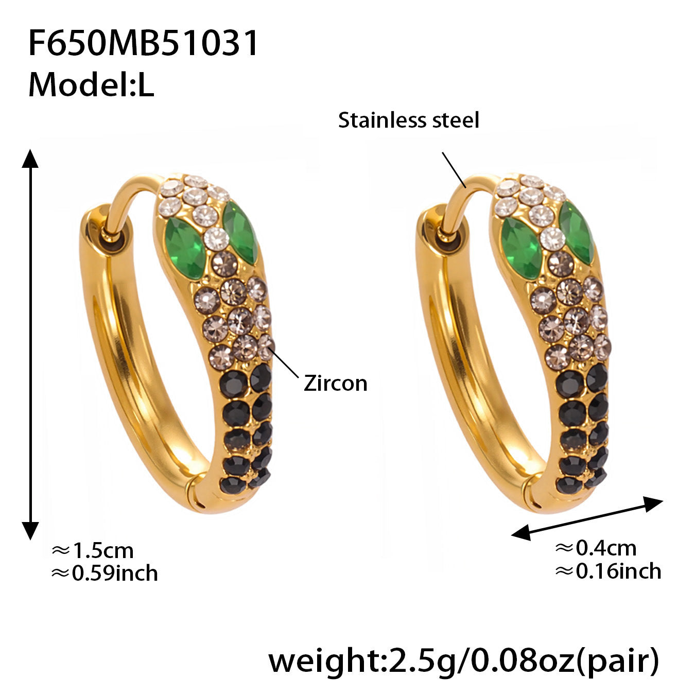 Colorful Zircon Snake Hoop Earrings | Stainless Steel Serpent Earrings Set – WANTI Jewelry