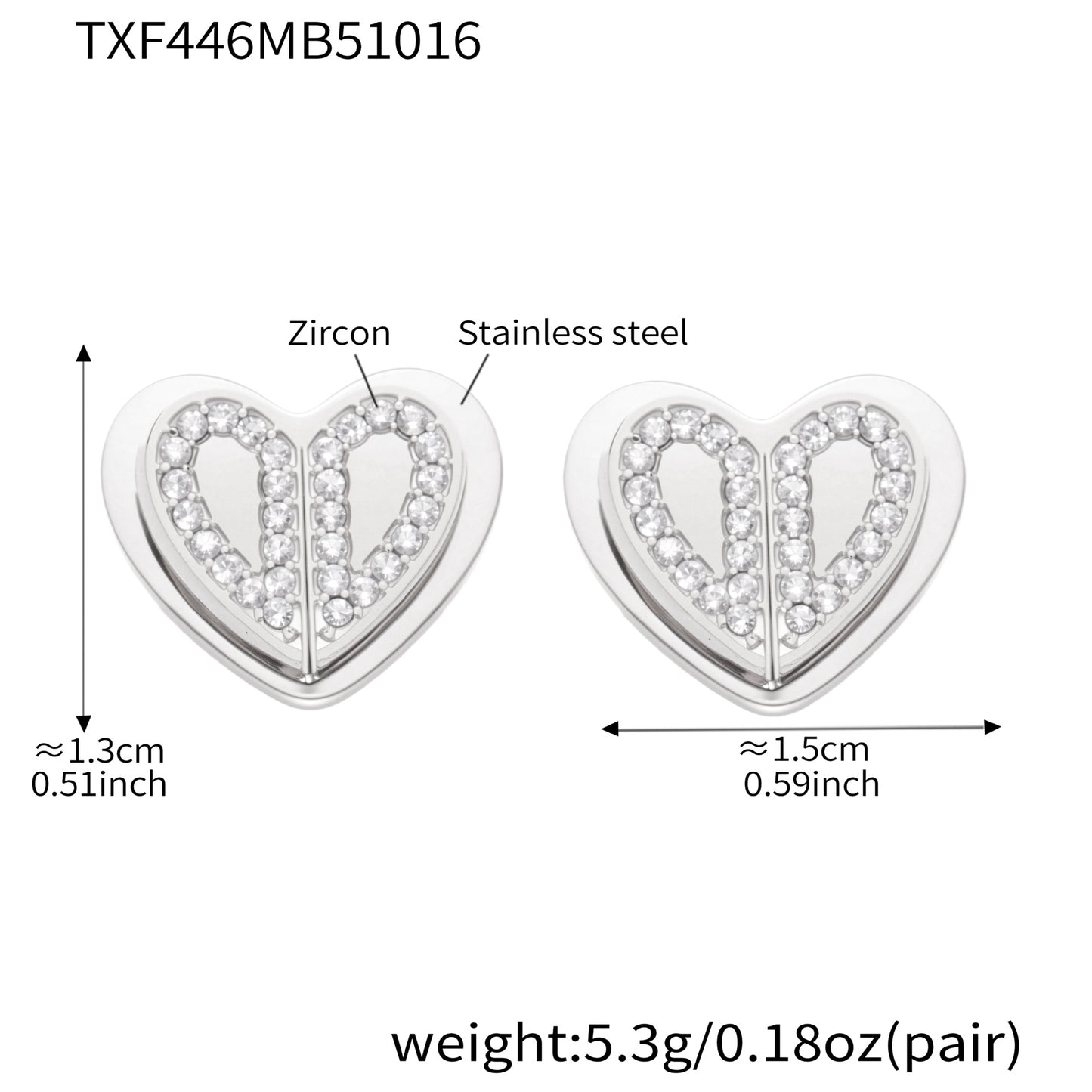 Double Heart Zircon Pendant Necklace, Earrings & Ring Jewelry Set - Gold & Steel Stainless Steel