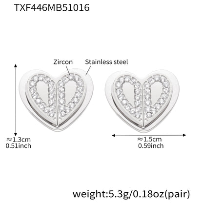 Double Heart Zircon Pendant Necklace, Earrings & Ring Jewelry Set - Gold & Steel Stainless Steel