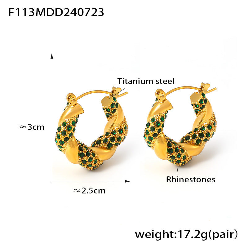 U-Shaped Stainless Steel Twisted Rhinestone Hoop Earrings | Modern Elegant Fashion Jewelry