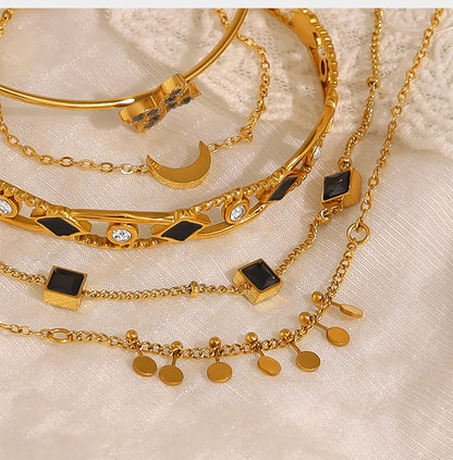 18K Gold Plated Titanium Steel Crystal Moon & Cross Pendant Bracelet | Elegant Fashion Jewelry