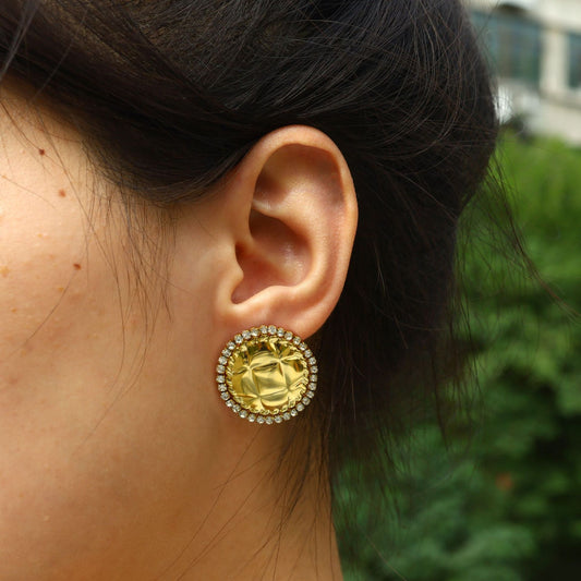 Stainless Steel Crystal Geometric Round Earrings – Textured Luxury Statement Hoop Earrings for Women