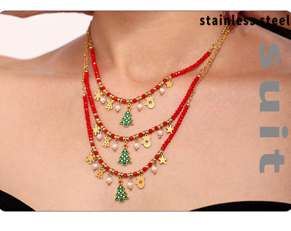 Gold Stainless Steel Christmas Tree Star Snowflake Pendant Necklace | Festive Zircon Holiday Jewelry Gift