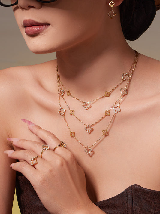 Stainless Steel Four-Leaf Clover Zirconia Jewelry Set – Necklace, Earrings & Ring | Minimalist Lucky Clover Jewelry | Fashion Stainless Steel Accessories