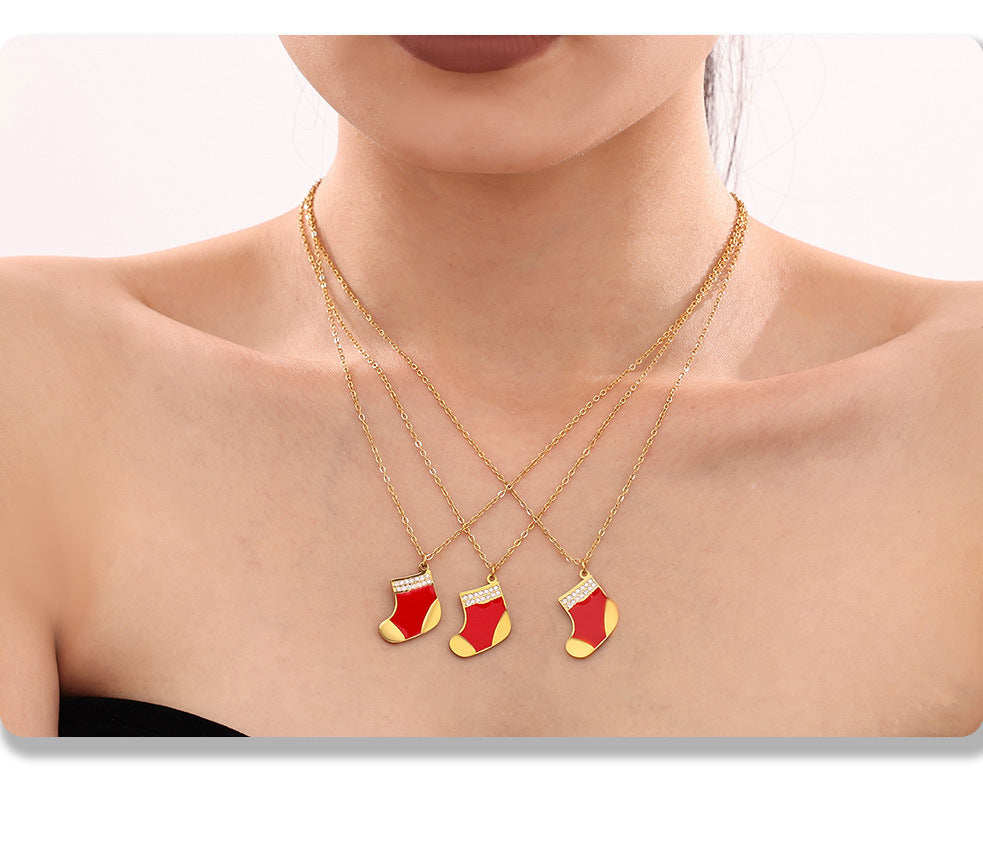 Gold Stainless Steel Christmas Red Sock Pendant Necklace | Festive Holiday Zircon Jewelry Gift