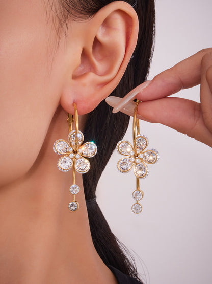 Floral Teardrop Zircon Drop Earrings – Stainless Steel Statement Jewelry for Women