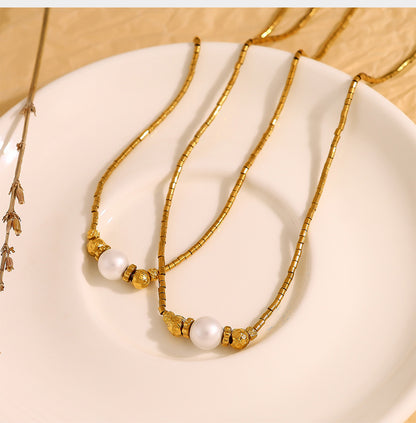 18K Gold Plated Stainless Steel Pearl Pendant Necklace – Elegant Minimalist Jewelry for Women