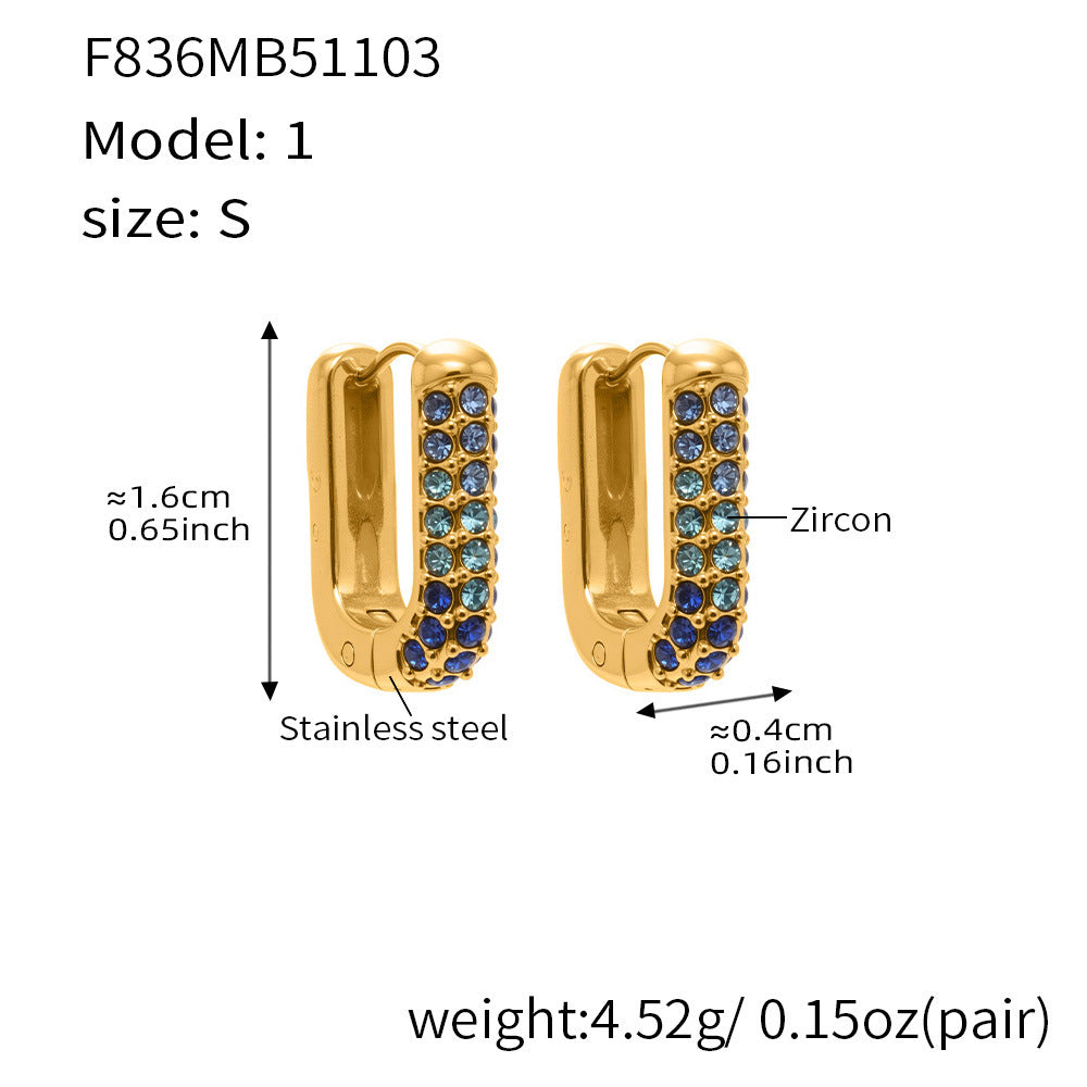 Stainless Steel Long U-Shaped Hoop Earrings with 5A Zircon – Elegant Colorful Statement Fashion Jewelry