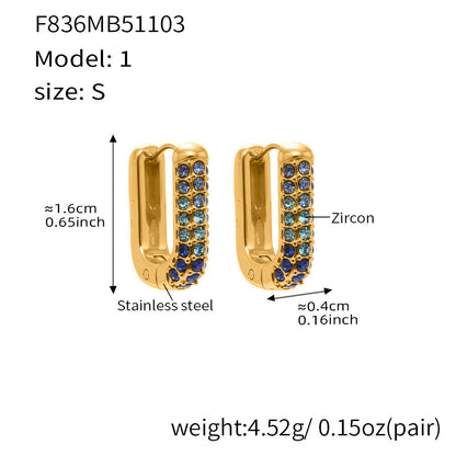 Stainless Steel Long U-Shaped Hoop Earrings with 5A Zircon – Elegant Colorful Statement Fashion Jewelry