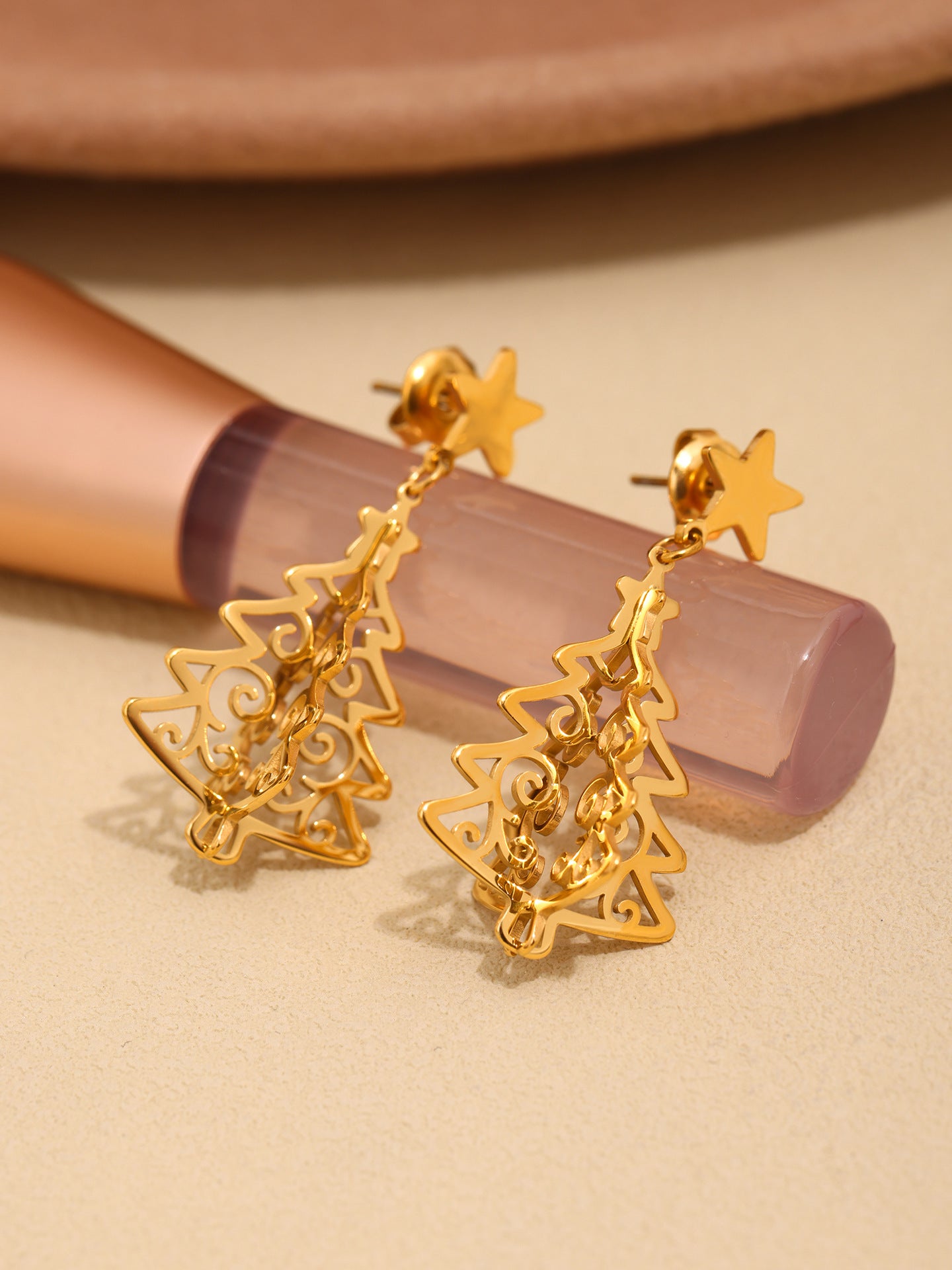 Stainless Steel Hollow Life Tree Drop Earrings – Gold Elegant Statement Dangle Earrings for Women
