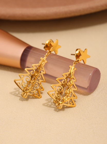 Stainless Steel Hollow Life Tree Drop Earrings – Gold Elegant Statement Dangle Earrings for Women