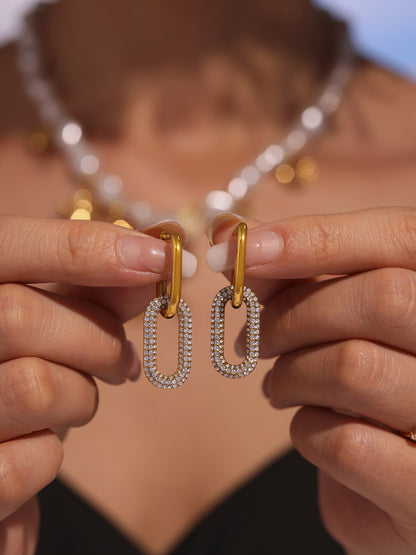 Gold Oval Zircon Dangle Earrings – Elegant Stainless Steel Full Zircon Hoop Earrings for Women