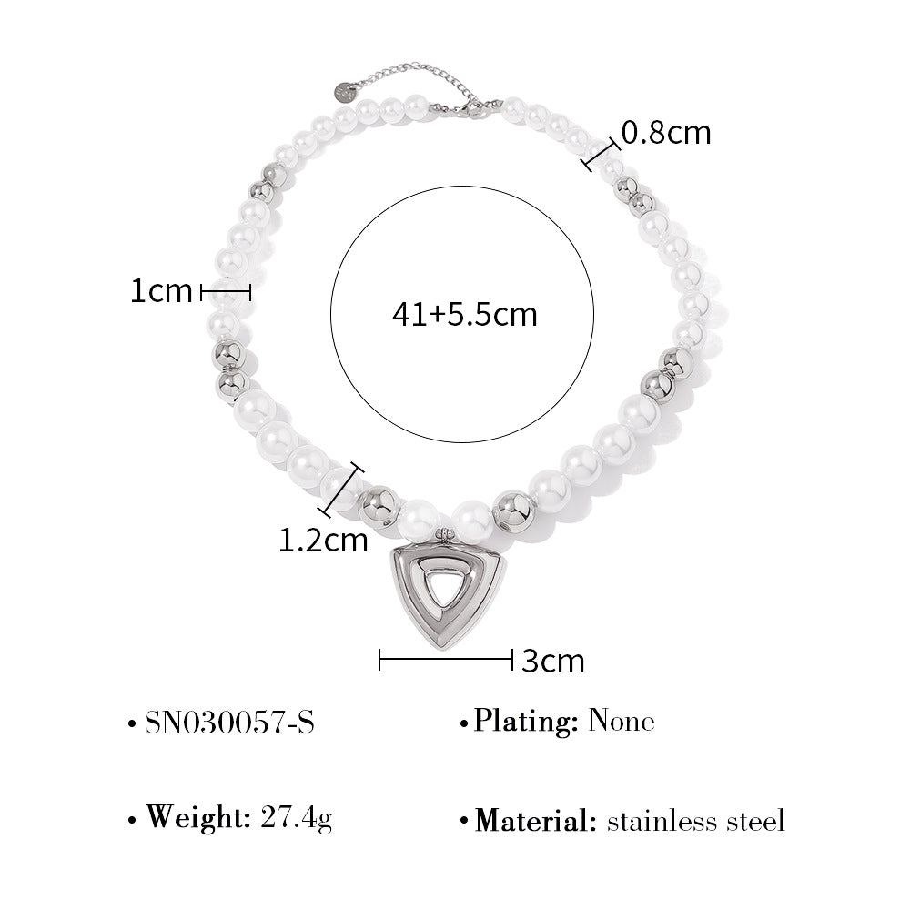 Vintage Pearl Beaded Hollow Triangle Pendant Necklace | 18K Gold & Silver Stainless Steel Elegant Jewelry for Women