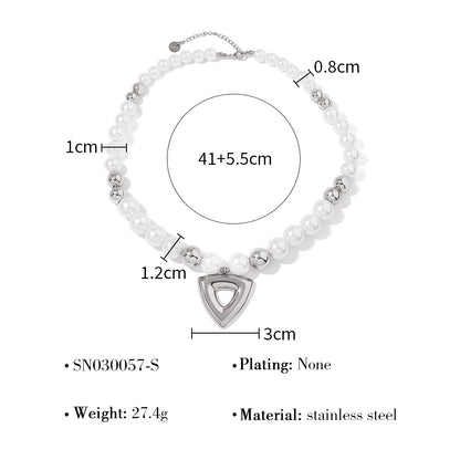 Vintage Pearl Beaded Hollow Triangle Pendant Necklace | 18K Gold & Silver Stainless Steel Elegant Jewelry for Women