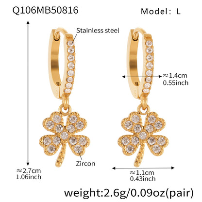 Stainless Steel Zircon Clover Dangle Earrings Set – U-Shaped Hoop Layering Earrings | Lucky Four-Leaf Clover Jewelry Gift for Women