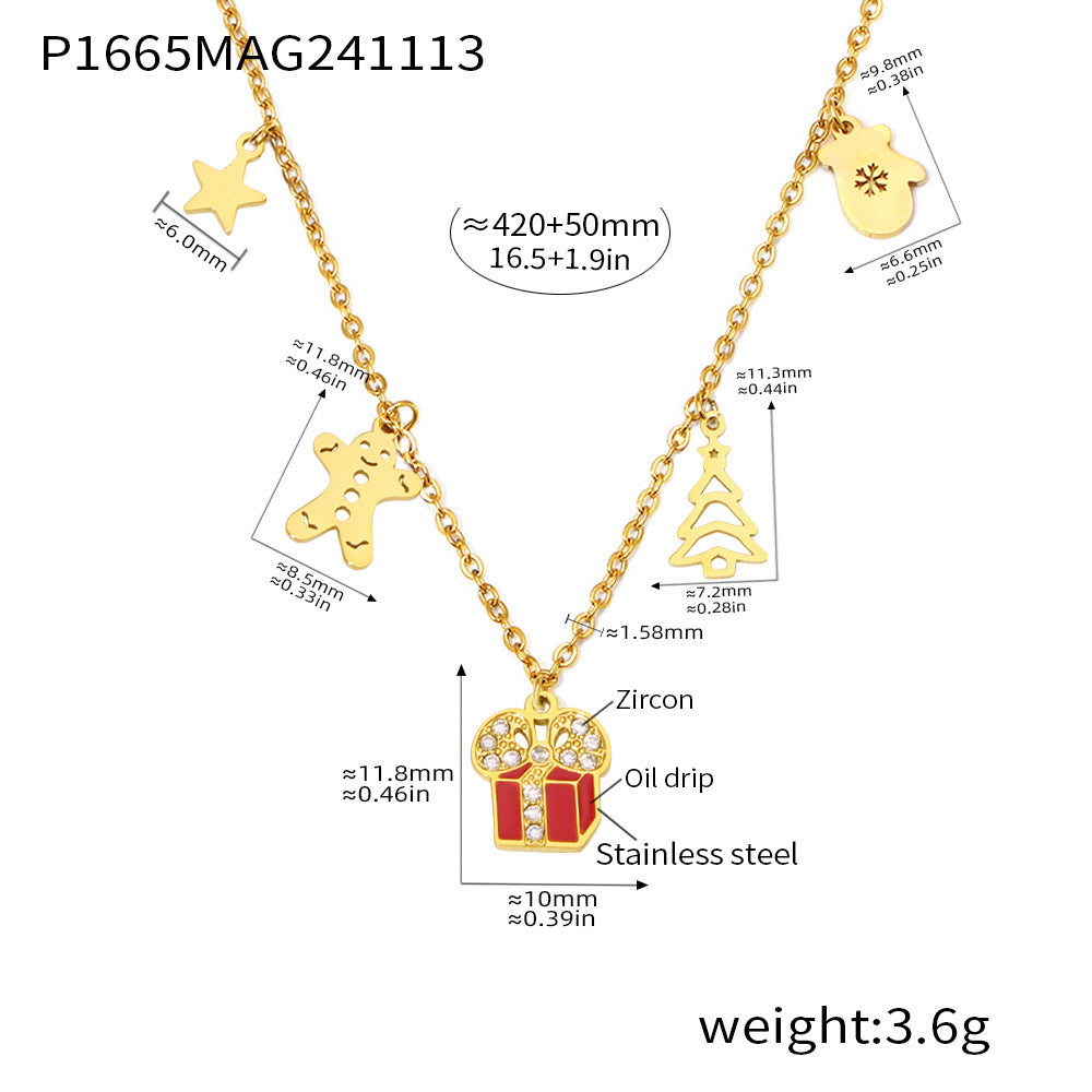 Gold Stainless Steel Christmas Necklace Collection | Reindeer, Tree, Bell, Sock, and Gift Box Oil Drop Zircon Pendants